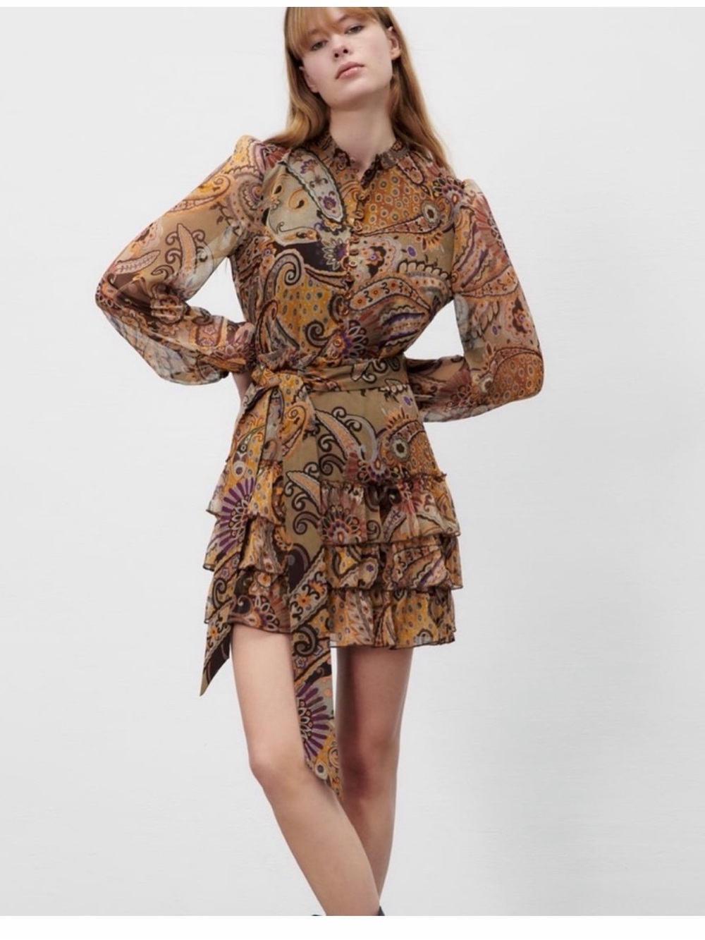 Zara Paisley Ruffle Tiered Mini Dress in Mustard and Purple